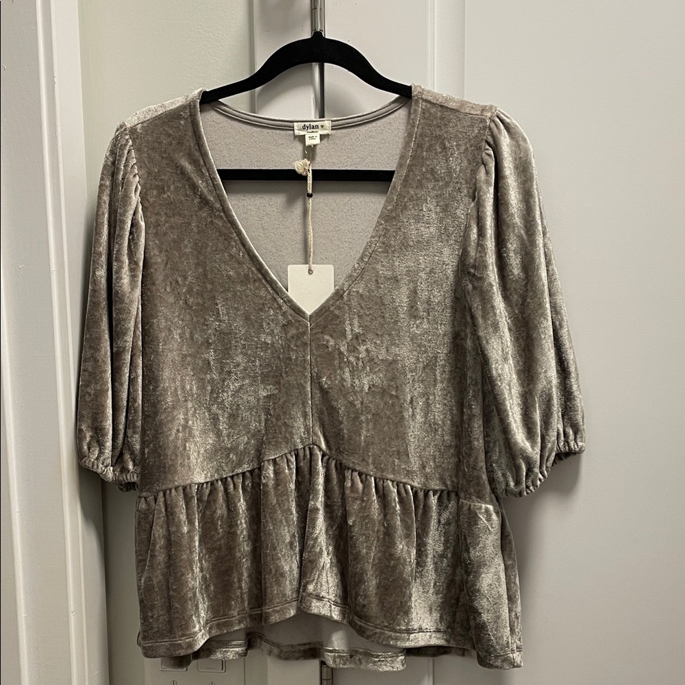 Dylan  Velvet V-Neck Blouse in Taupe